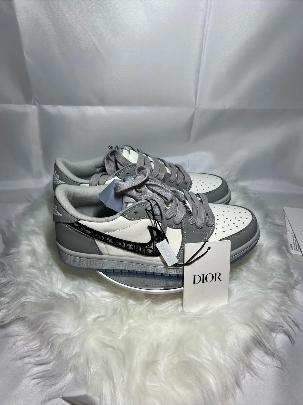 Jordan Low Top Sneaker — White & Light Gray with Black Monogram Swoosh